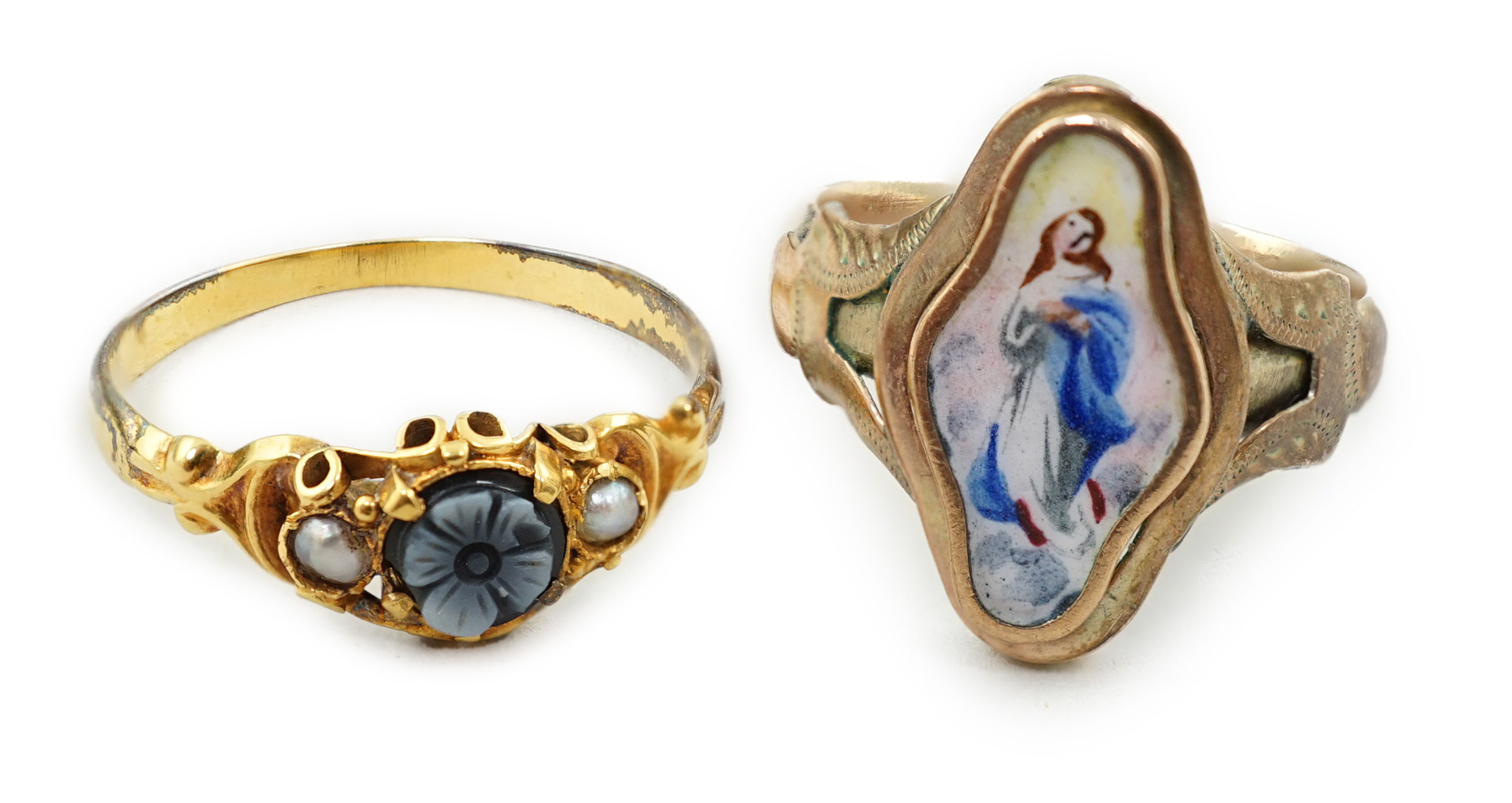 A Victorian gold, sardonyx and seed pearl set 'flower' ring, size N, together with a gold and enamel ring, decorated with a figure of a lady